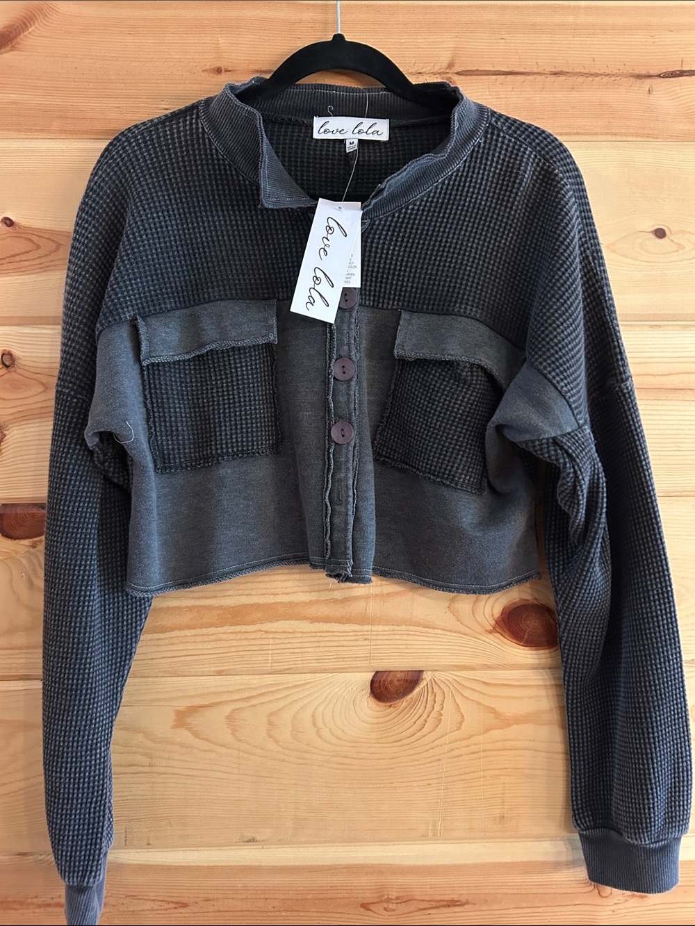 NWT Love Lola Charcoal Cropped Waffle-Texture Button Sweatshirt, Size M